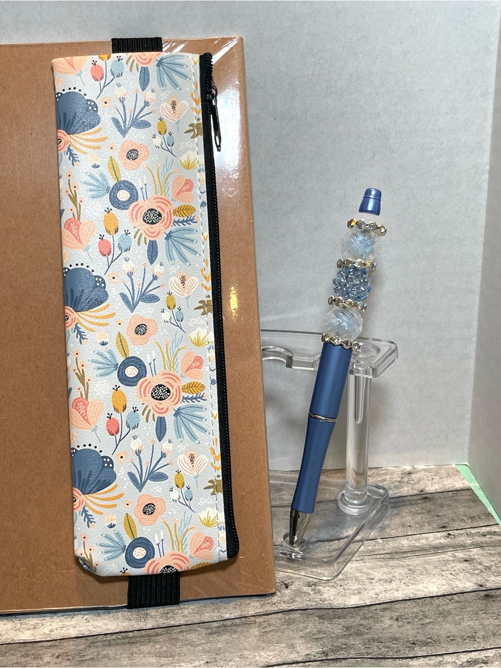 Floral Zip Pencil Case - Blue, Peach & Yellow with handmade beaded pen